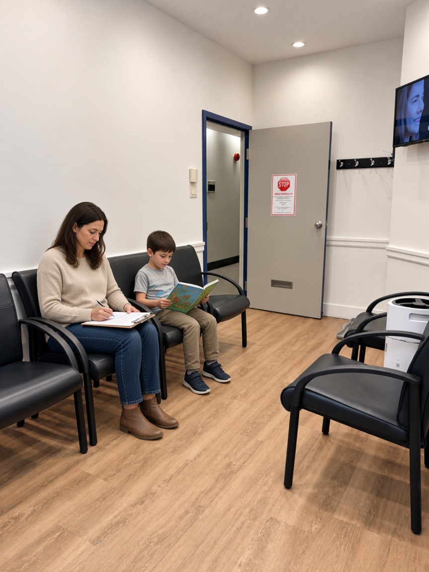 A parent filling out paperwork while a child reads in the waiting room at North York Dental