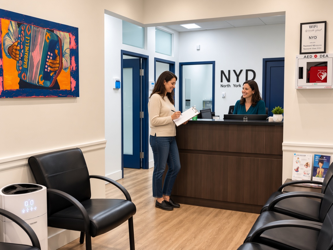 A receptionist at the front desk while a patient fills out paperwork at North York Dental
