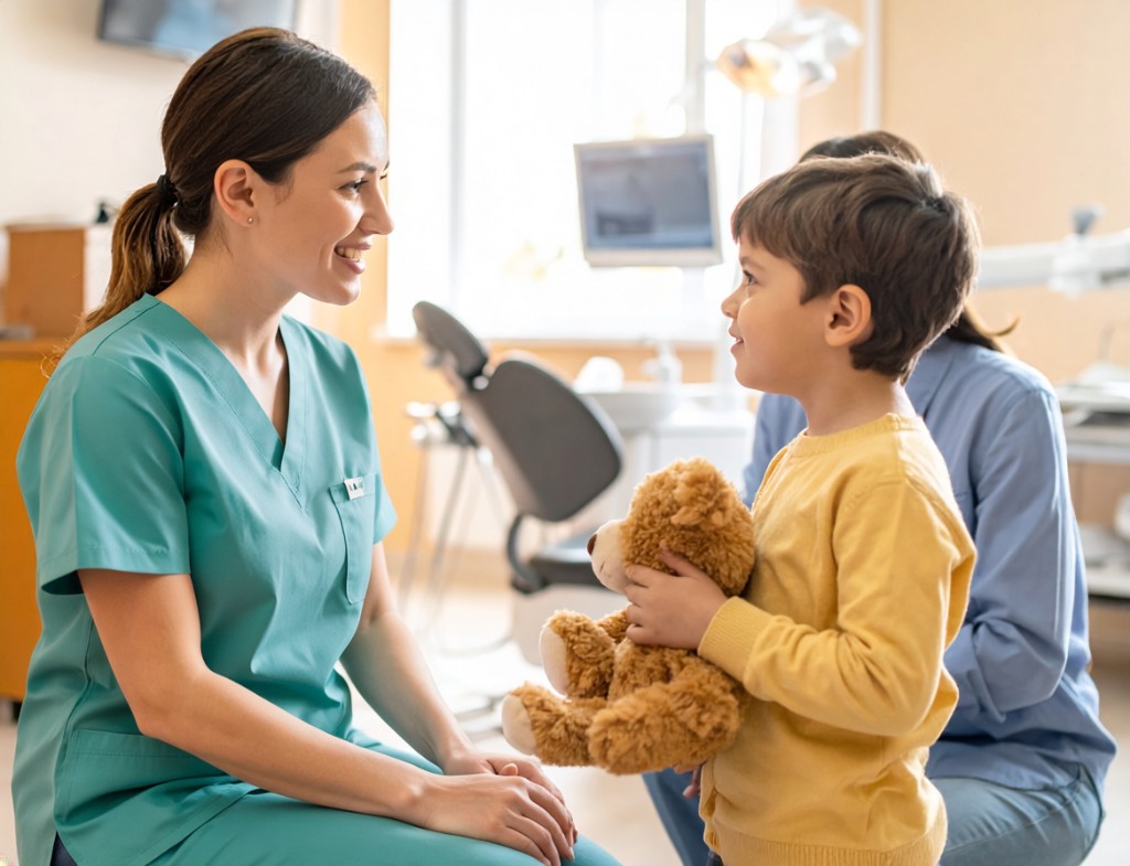 Dental team member greeting a child with a teddy bear at North York Dental