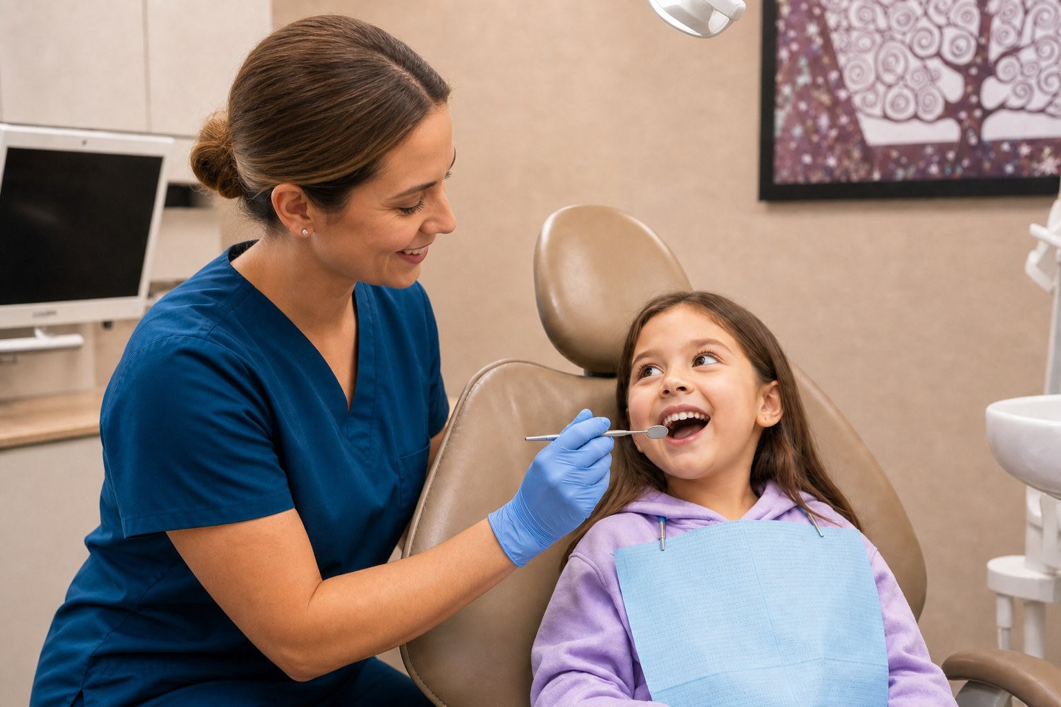 Dental hygienist examining a child at North York Dental